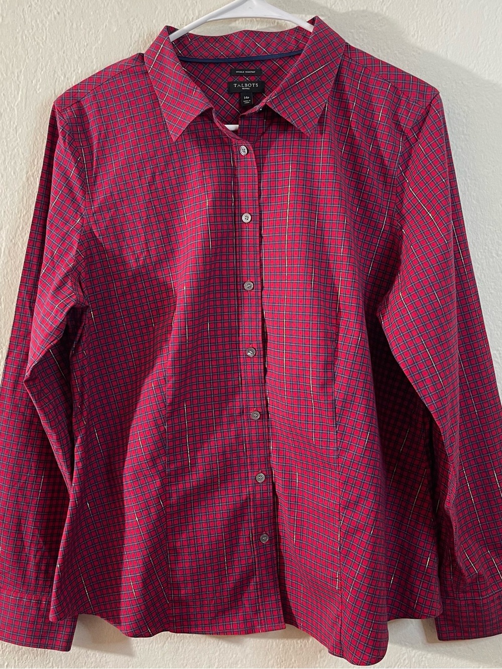 TALBOTS Wrinkle Resistant Plaid Long Sleeve Button Down Shirt 14P Casual